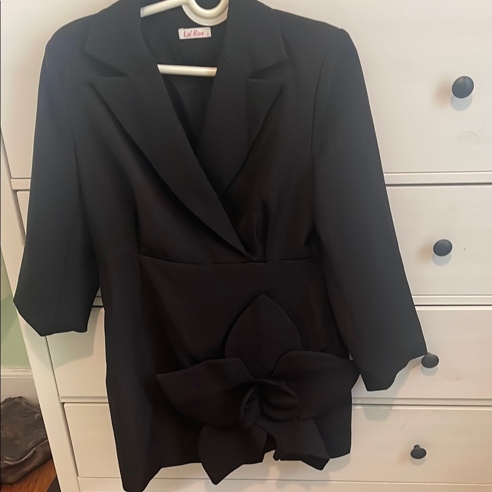 Elegant Black Blazer Dress with Wrap Design and  Floral Applique